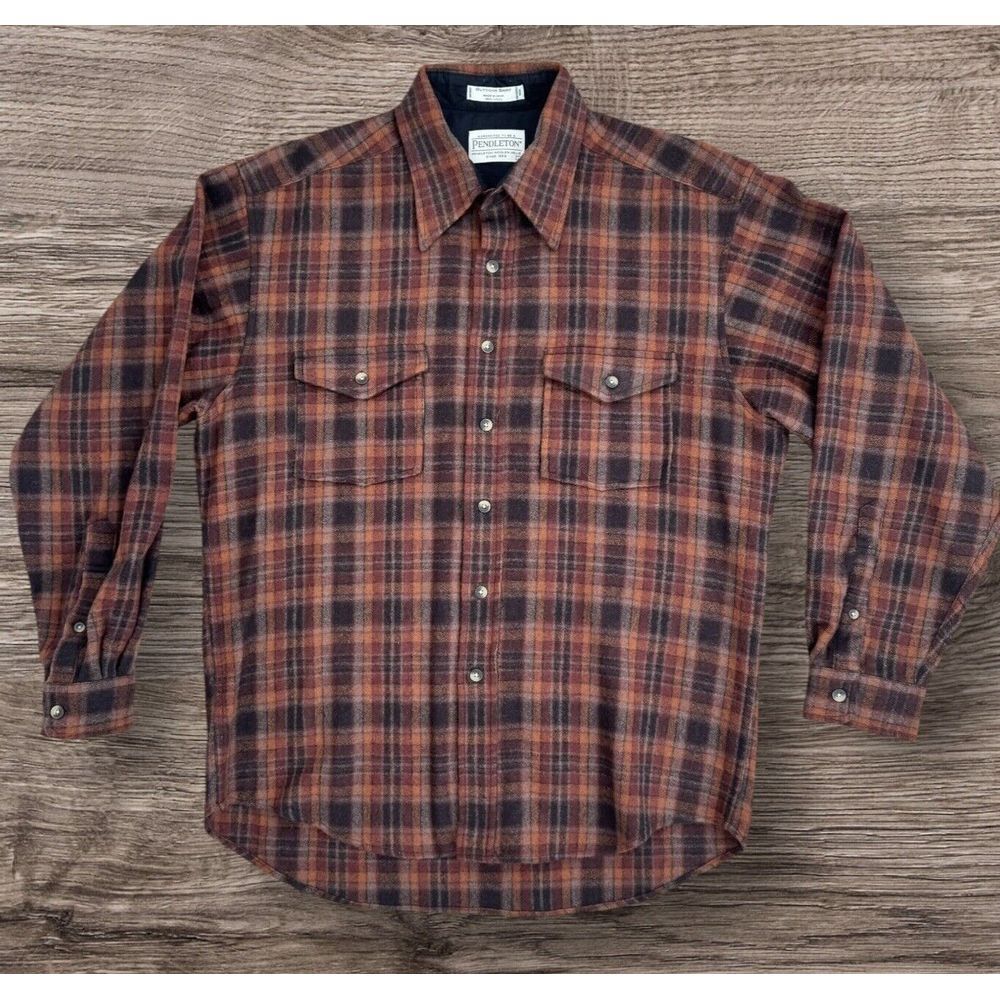Pendleton Outdoor Shirt Mens L Orange Brown Flannel Plaid Washable Wool Shacket